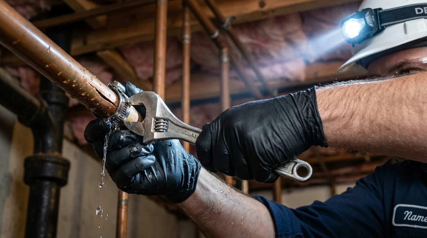 Emergency pipe clamp repair being performed by a Johns Plumbing LLC plumber in Summersville